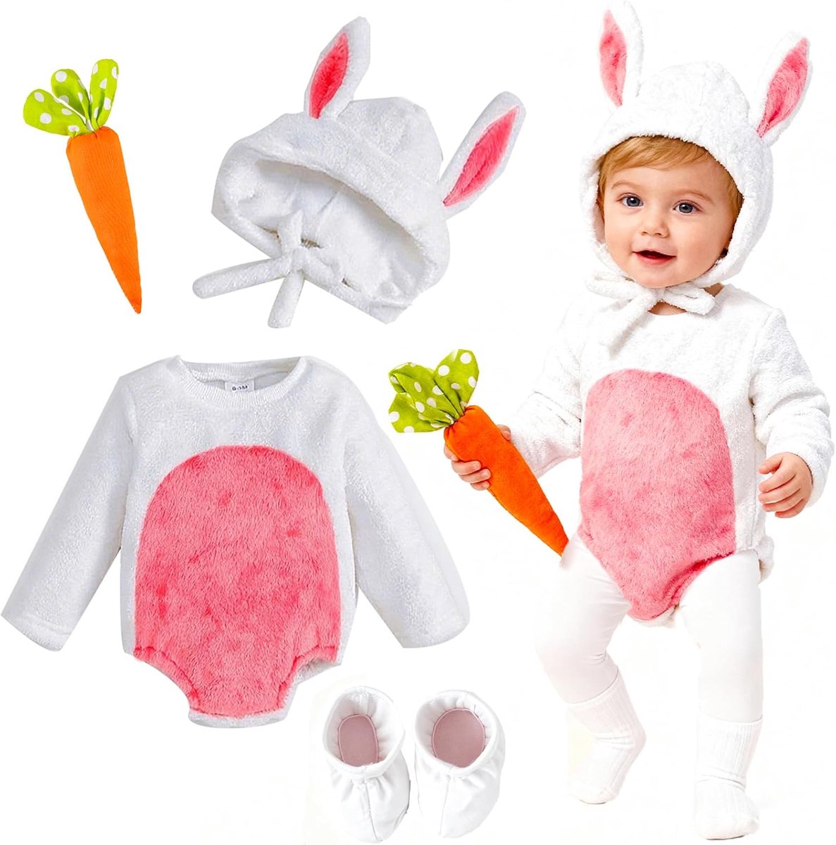 SnelShoppen - 3-delig Konijnen Kostuum voor Baby's 0-18 Maanden - Flanel Lange Mouwen Romper met Oren, Hoed en Wortel Speelgoed voor Fotoshoot, Hallow