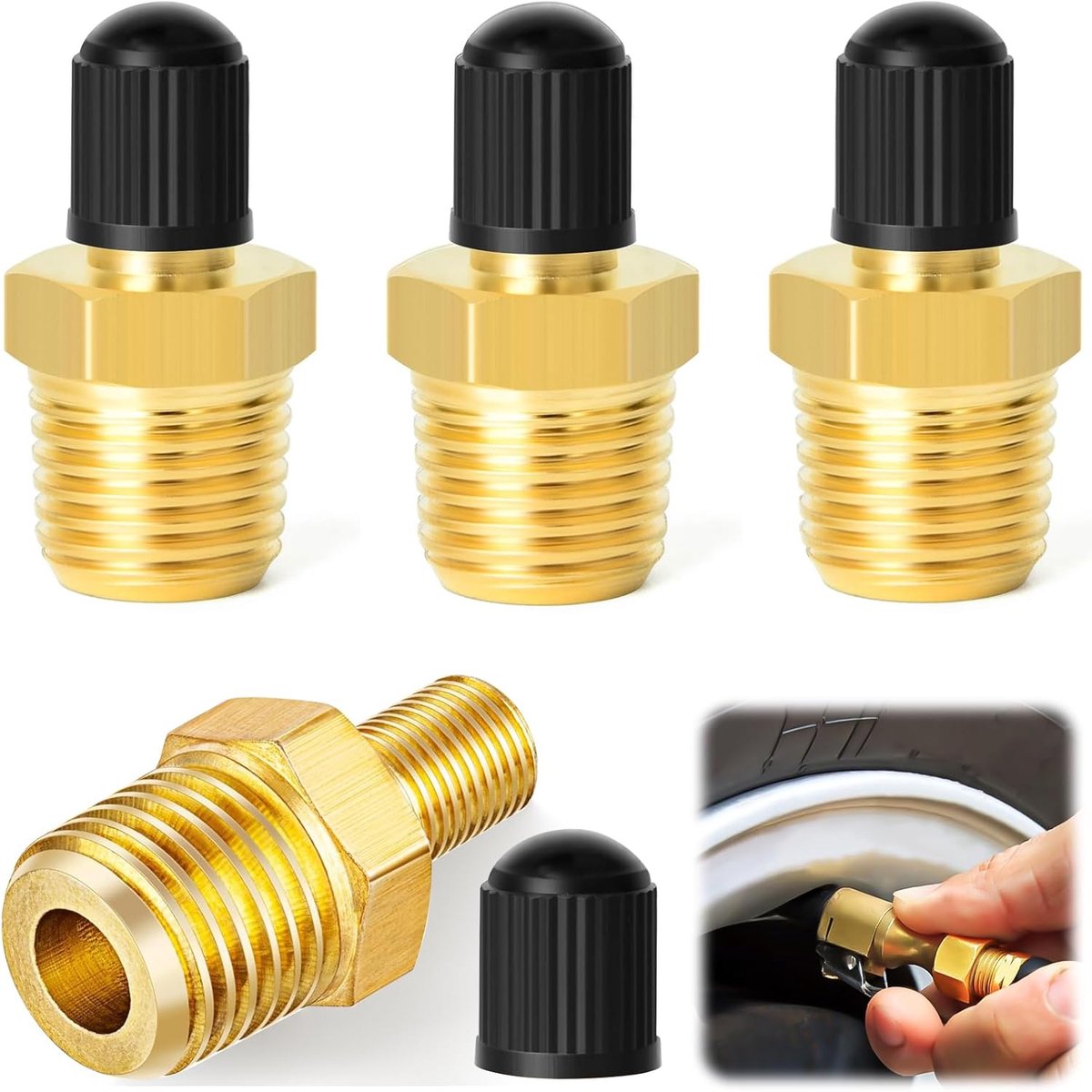 SnelShoppen - 4 Stuks Messing Tank Vulventielen voor Luchtcompressor, 1/4 NPT Koper Schrader Ventiel, Duurzaam en Roestvrij, Ideaal voor Auto en Vrach