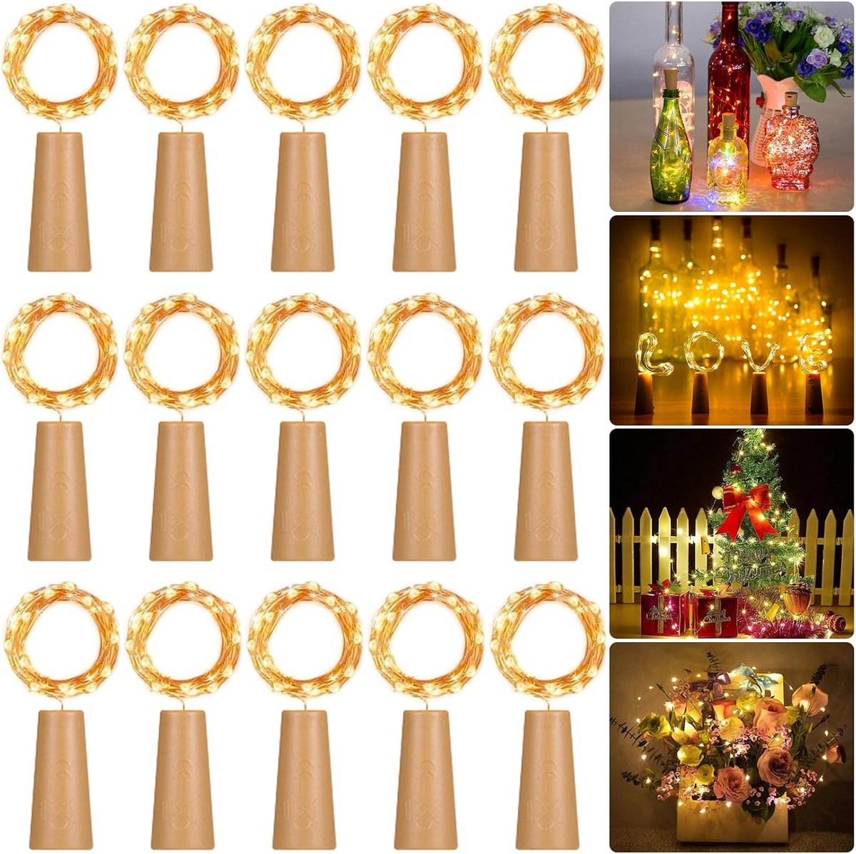 SnelShoppen - 15 Stuks LED Flesverlichting, Korkfles Nachtlampjes, 2m 20LED Koperen Draad String Lights voor Feest, Bruiloft, Halloween, Kerstdecorati