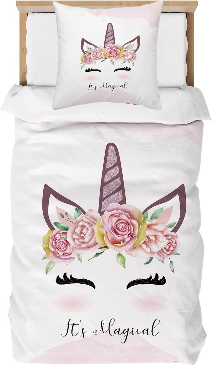 SnelShoppen - Unicorn Dekbedovertrek 140x200cm Meisjes Kinderen Roze 3D Print Microfiber Katoen met Kussensloop 65x65cm Cadeau Verjaardag Feest