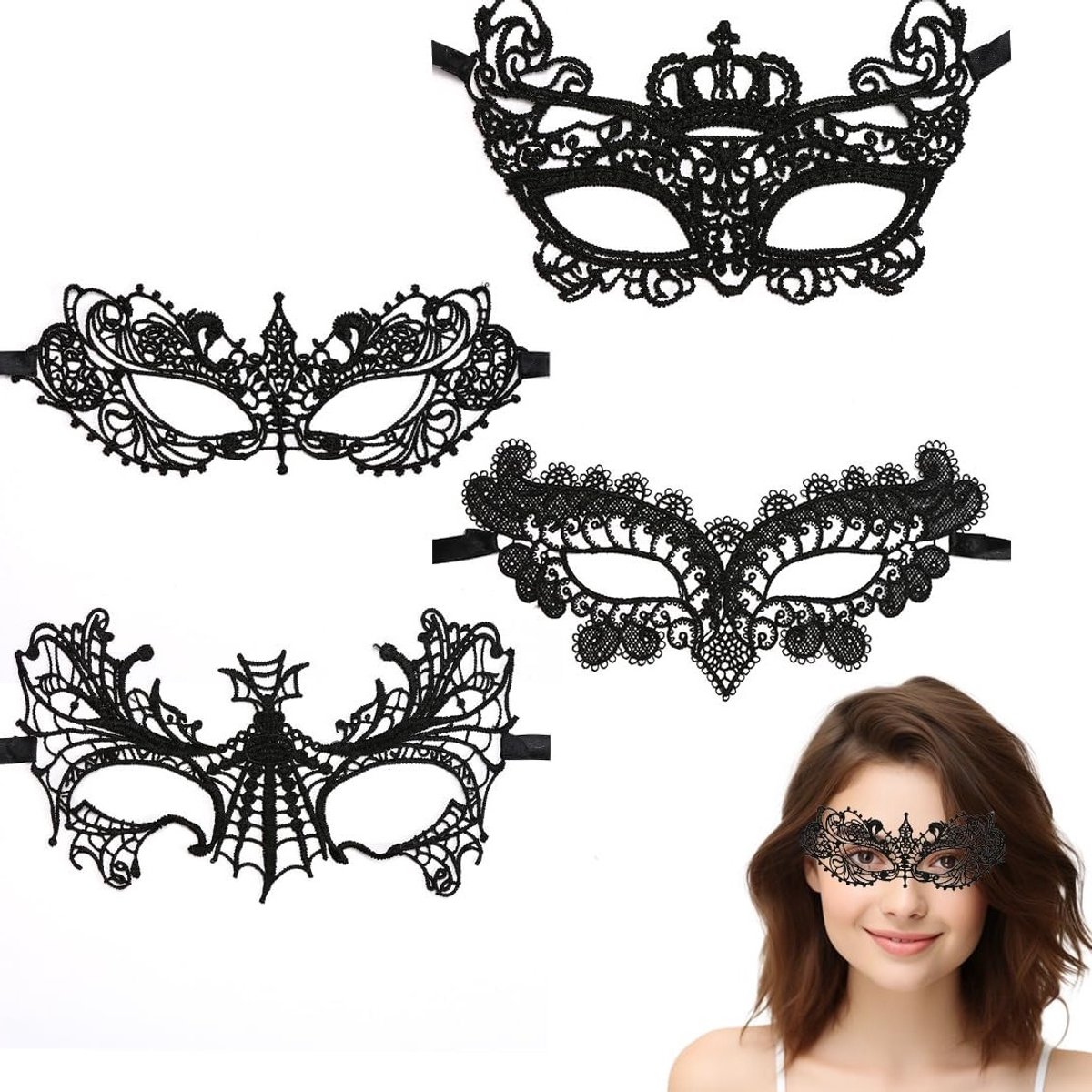 Lace mask set 4 stuks - zwarte kant - sexy design - ideaal voor carnaval - SnelShoppen
