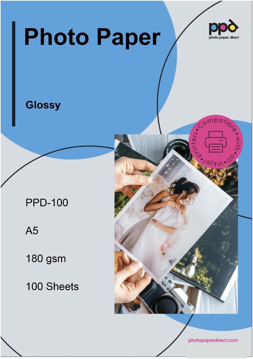 SnelShoppen - A5 Inkjet Foto Papier 100 Vel 180g/m2 Hoogglans, Direct Droog, Waterbestendig - Professionele Kwaliteit voor Foto's, Kaarten en Calendar