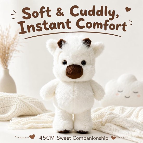 SnelShoppen - Grote Pluche Koe 45 cm, Zachte Knuffel voor Kinderen, Wit en Beige, Perfect als Cadeau, Cuddle Toy voor Jongens en Meisjes, Oppervlakte van Snelshoppen — afbeelding 5