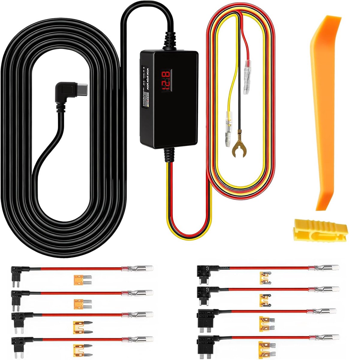 SnelShoppen - Dashcam Hardwire Kit, 12V-24V USB-C Autolader, Laagspanningsbeveiliging, Kabelset voor Parkeermodus, Zekeringskit, Universeel Compatibel