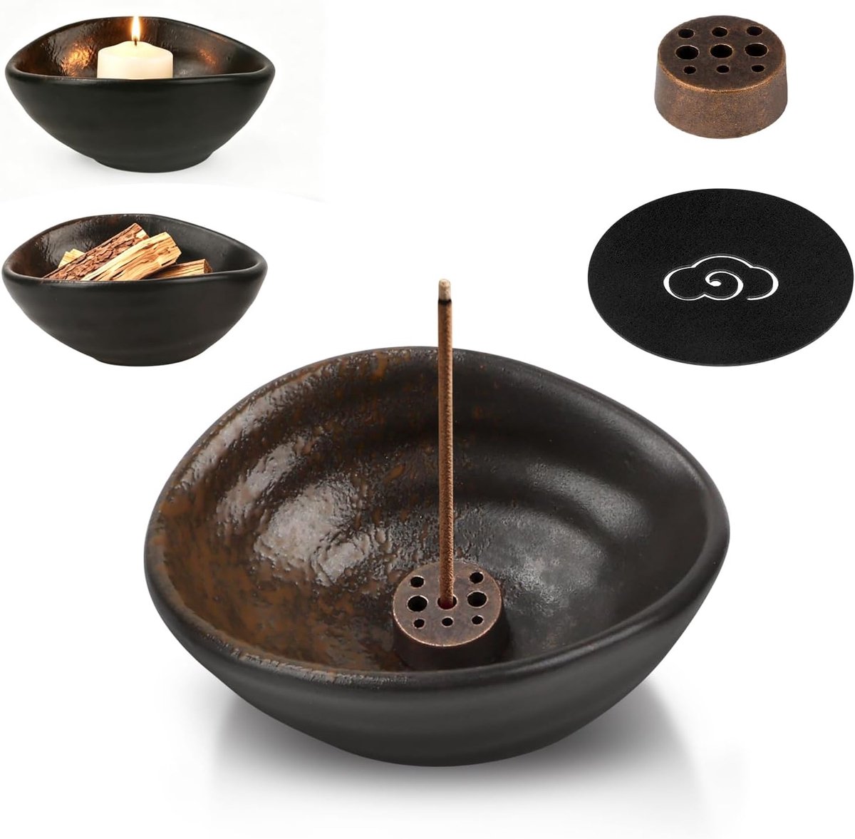 SnelShoppen - Wierookstokjeshouder keramisch met vilten onderlegger, 9 gaten, vuurvaste schaal, ovale wierookhouder voor ontspanning, meditatie en sfe