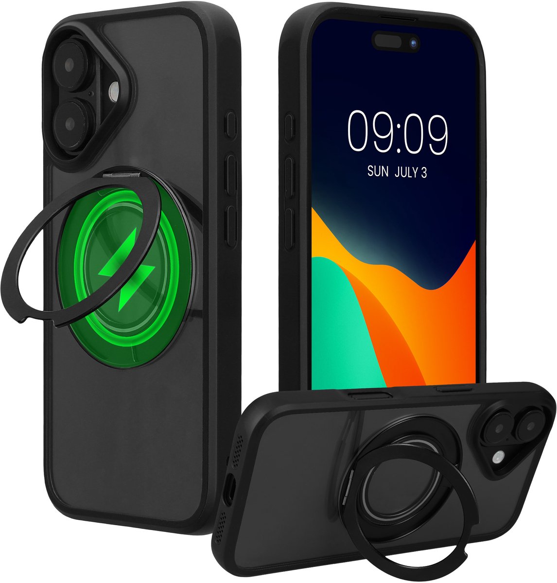 kalibri Beschermhoes met ringhouder vppr Apple iPhone 16 - Kickstand 360° harde hoes compatibel met MagSafe - zwart / transparant