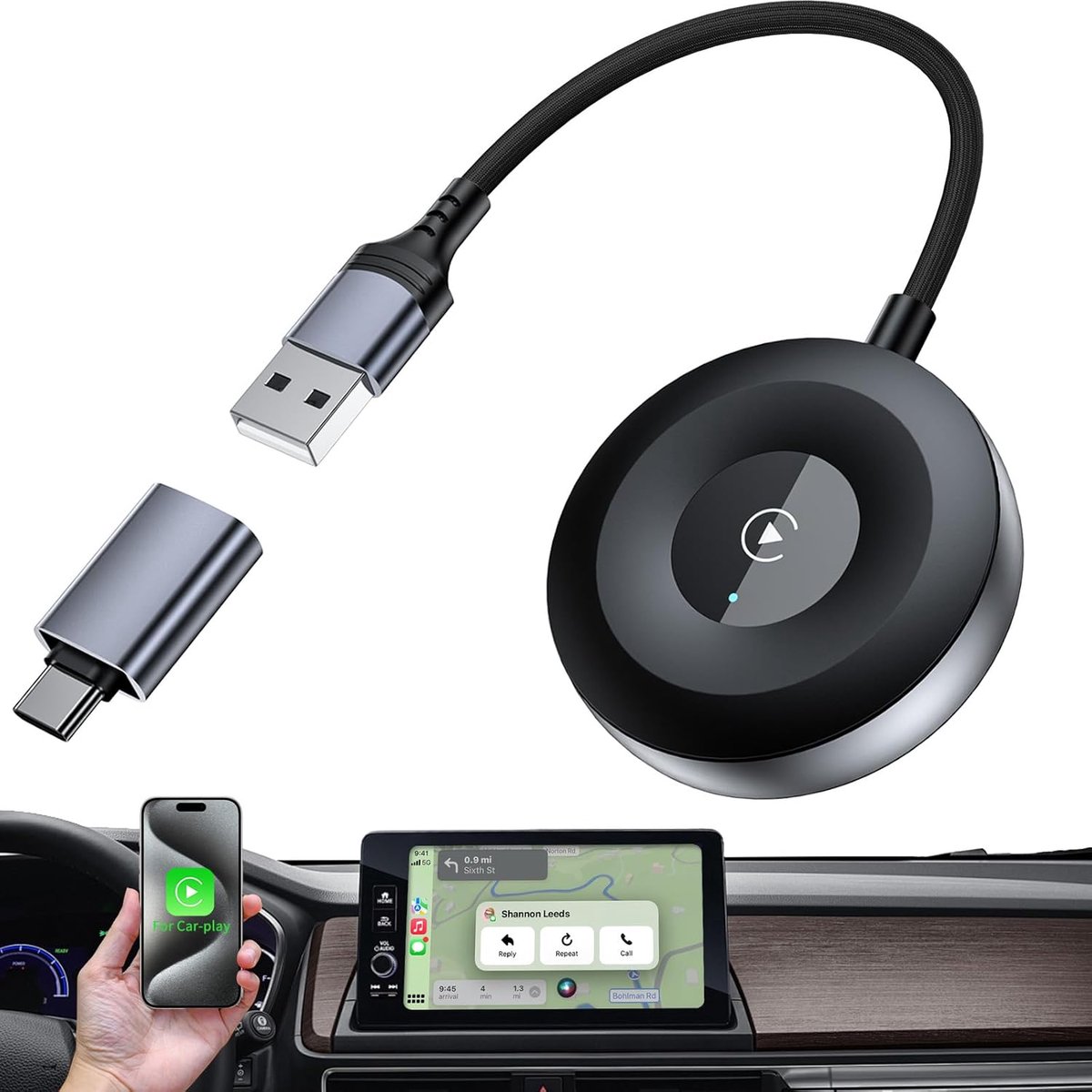 SnelShoppen - Draadloze CarPlay Adapter voor iOS, Conversie van Bedraad naar Draadloos CarPlay, Plug & Play, Geschikt voor Auto 2015+, iPhone iOS 10+,