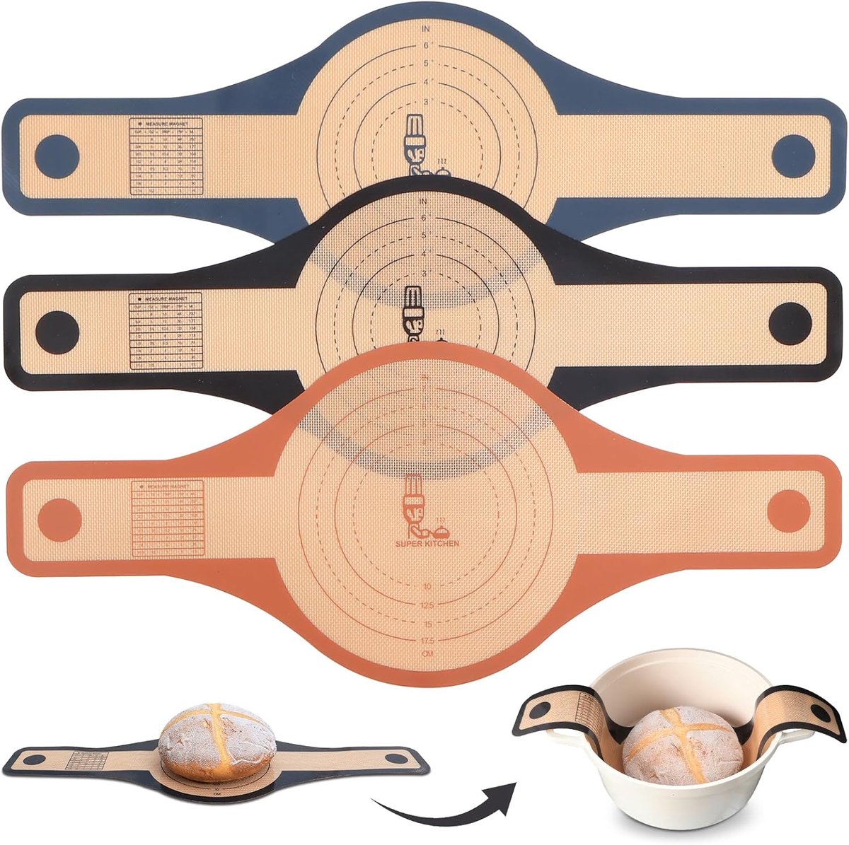 Siliconen broodgarland voor Dutch Oven – 3 stuks, 24 cm en 21 cm, extra breed met lange handgreep, antiaanbak sourdough bakmat voor perfecte broodbereiding