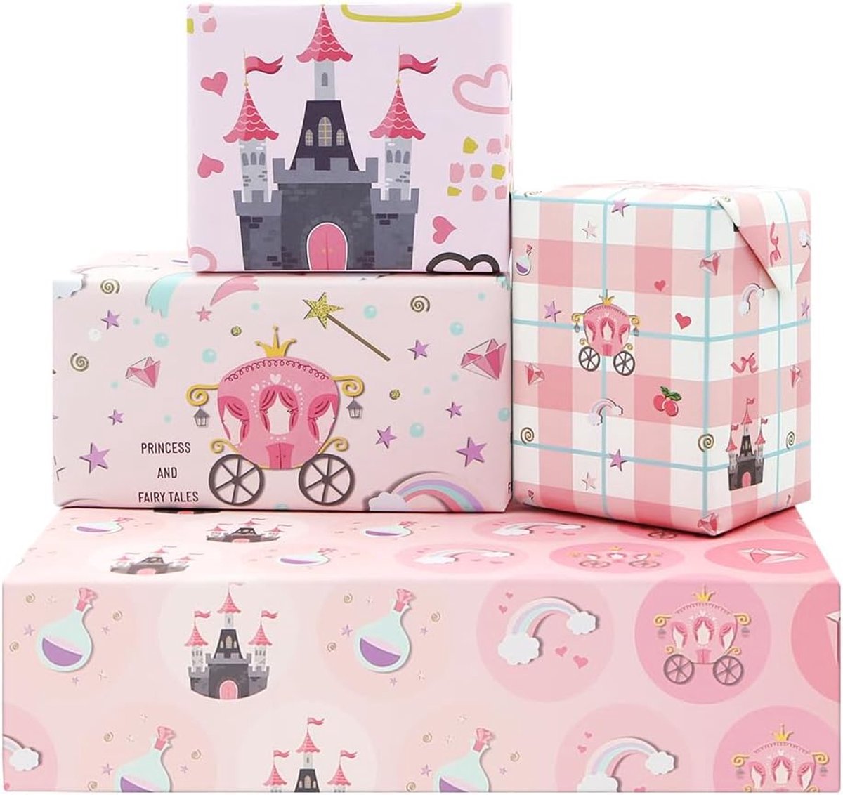 SnelShoppen - Pink Gift Wrap - 4 Vouwbare Vellen Kraft Papier Verpakkingspapier met Prinsessen Motieven - 50x71cm voor Verjaardagen, Babyshowers en Ke