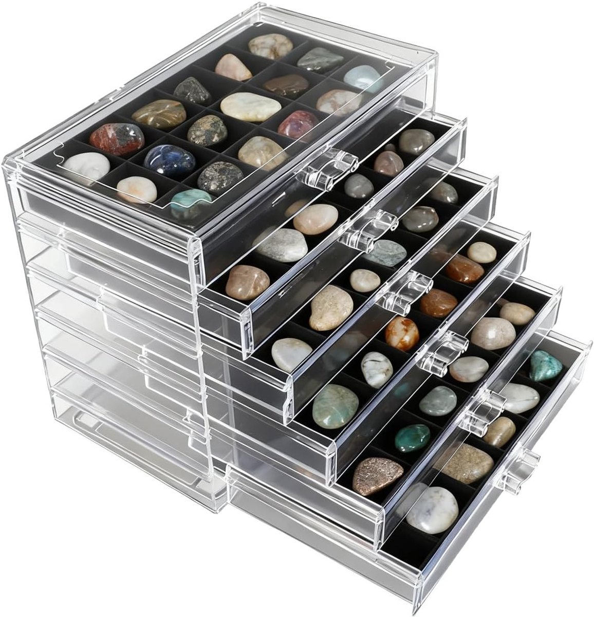 Acryl Vitrine voor Verzameling van Edelstenen, Fossielen en Kristallen, 6 Niveaus met 108 Compartimenten voor Sieraden en Verzamelobjecten