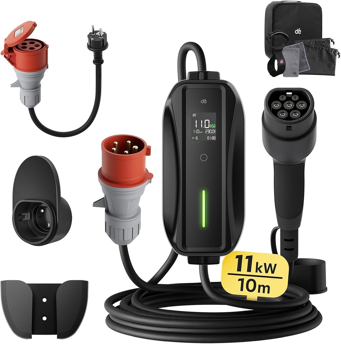 SnelShoppen - EV Charger Type 2 11kW Mobiele Wallbox 10m, 3-Fase, 6-16A - Draagbare Oplader voor Model Y/3, ID.3/4/5, Enyaq, EX30/XC40 en Meer