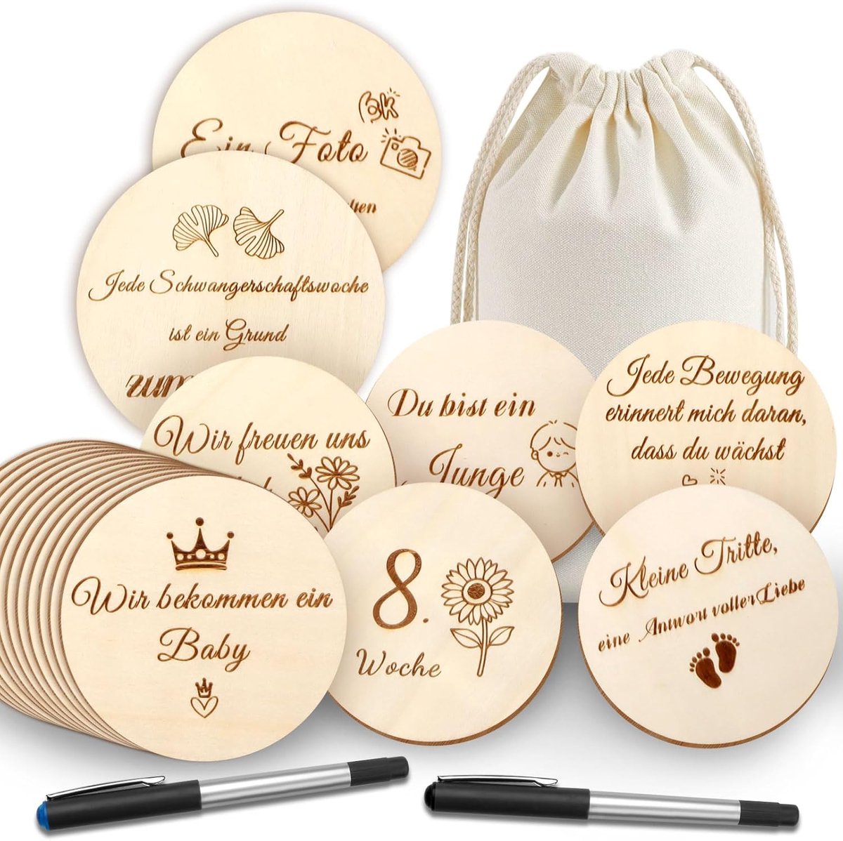 SnelShoppen - 40 Mijlpaalkaarten Zwangerschap Hout, Dubbelzijdig Geprint, Ronde Houten Schijven Ø10 cm, Inclusief Stoffen Zak & 2 Pennen - Baby Buik M