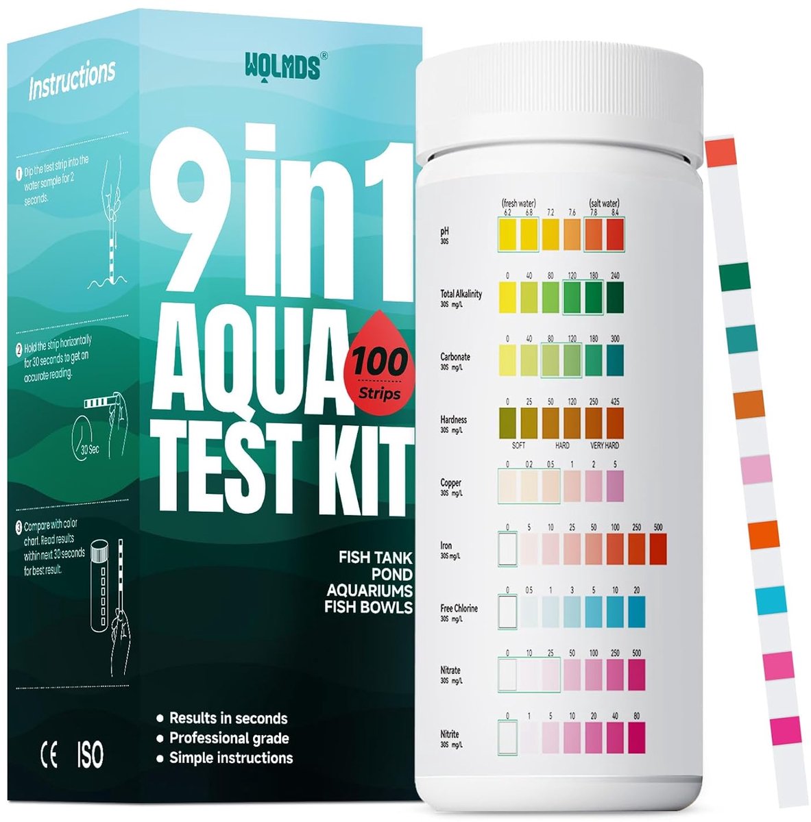 SnelShoppen - Aquarium Test Strips 9 in 1 Water Test Case, 100 Strips voor Snelle en Nauwkeurige Watermetingen, Ideaal voor Zoet en Zoutwater - Meet N