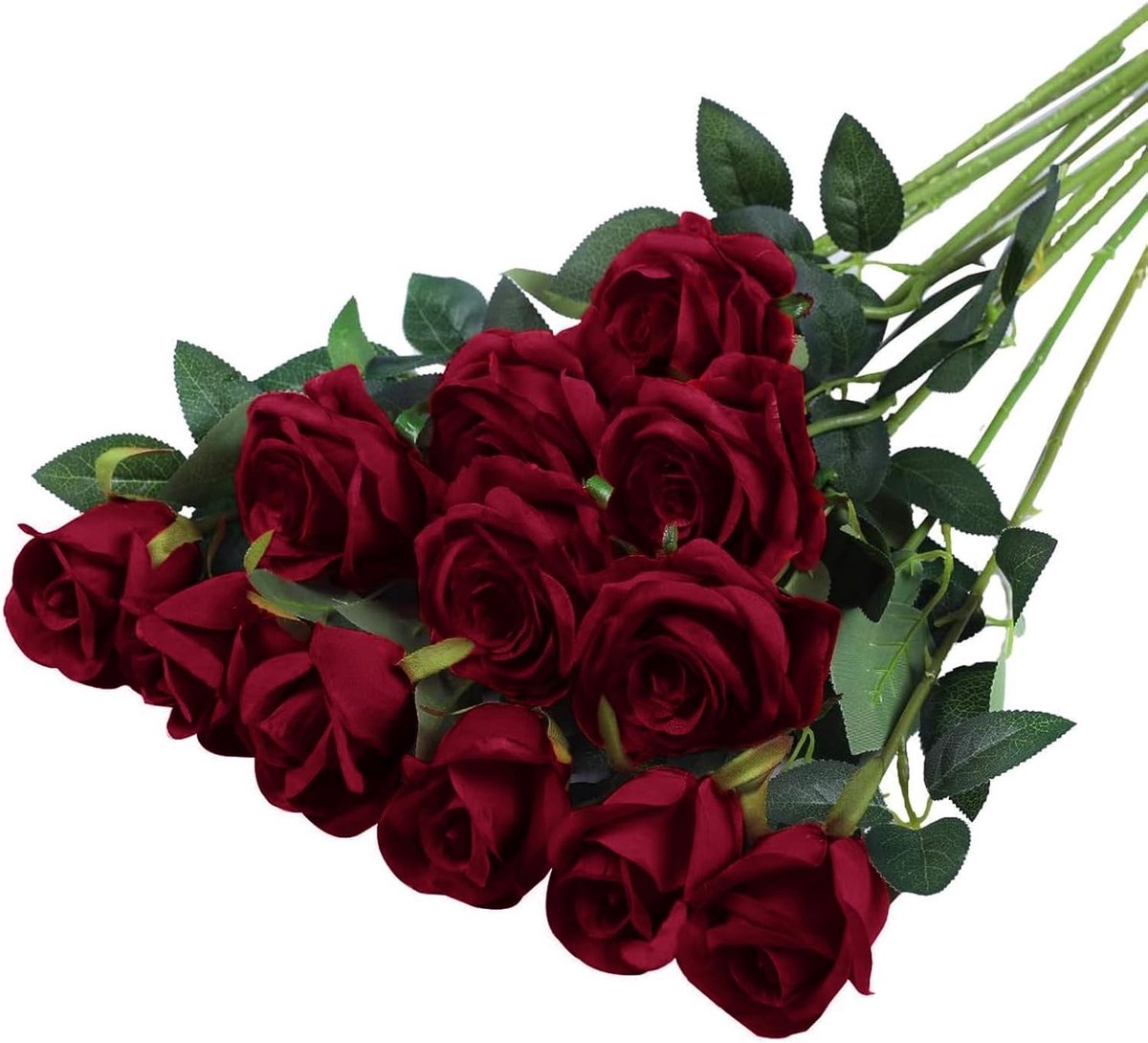 SnelShoppen - 12 Stuks Kunstbloemen Rozenboeket - Zijde Rozen met Lange Stelen - Kunstbloemen voor Bruiloft, Thuisdecoratie, Dieprood