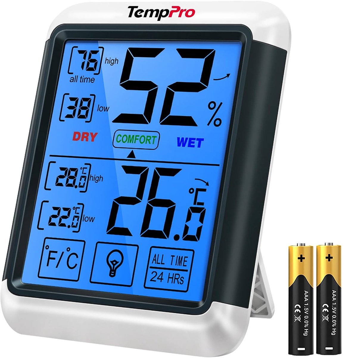 SnelShoppen - Digitale Hygrometer Thermometer met Jumbo Touch Screen en Backlight - Vochtigheidsmeter voor Binnen - Nauwkeurige Temperatuur- en Vochtm