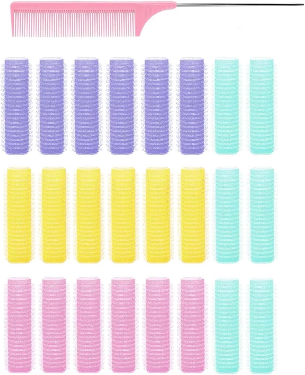 SnelShoppen - 25 Stuks Kleurige No Heat Krullers met Kam, Zelfklevende Haarrollers voor Thuis, Huidvriendelijk Nylon, Ideaal voor Feest en Dagelijks G