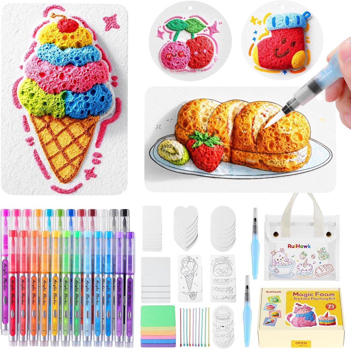 SnelShoppen - 75-delige 3D Magic Foam Schilderkit - DIY Puffy Kunstset met 24 Acrylmarkers, 38 Textuurvellen, 10 Kralenkettingen & Opbergtas voor Crea