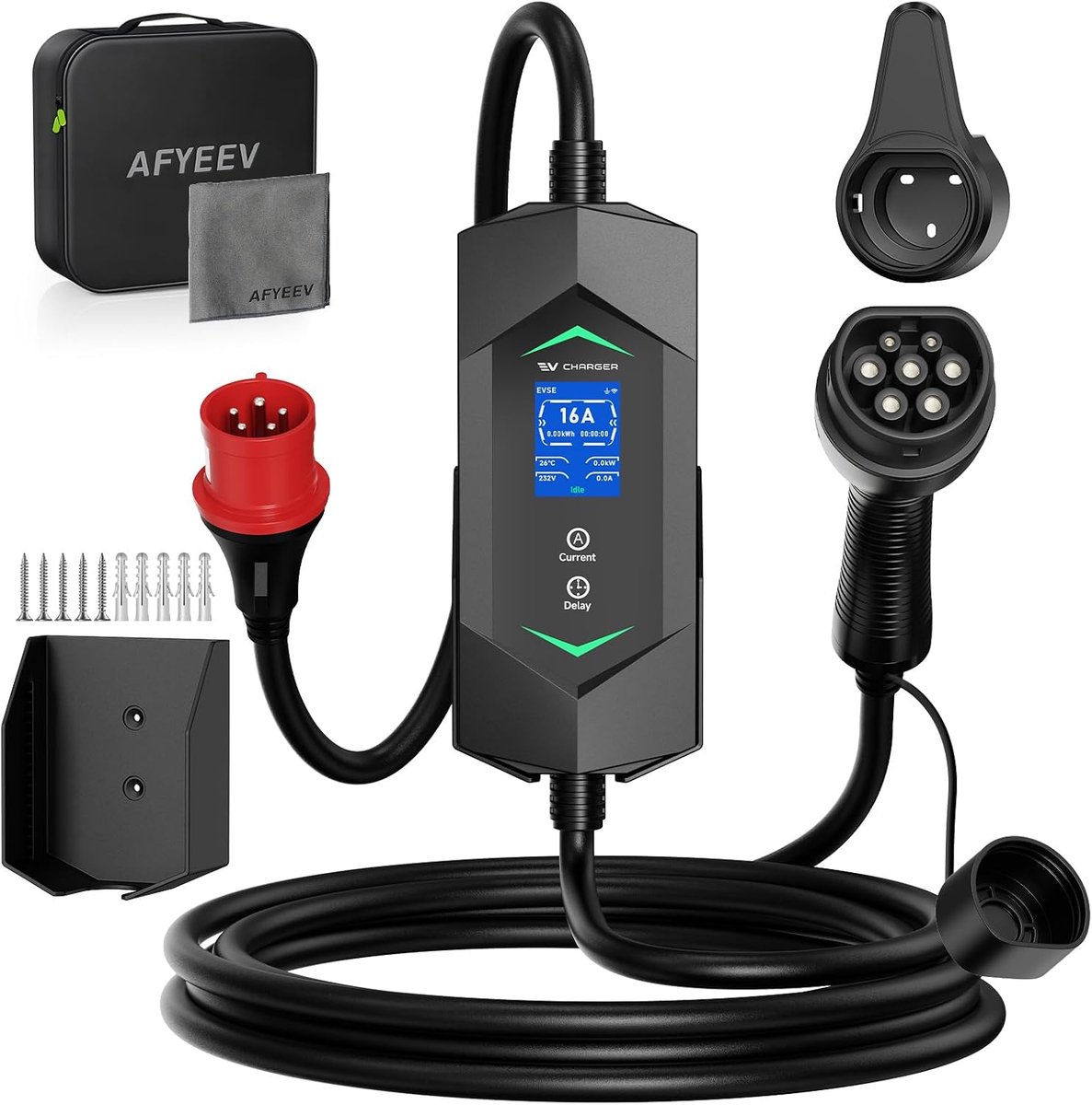 SnelShoppen - Mobile Wallbox 11 kW 5 m - Draagbare EV Lader met 3-Fase Type 2 Oplaadkabel, Instelbare Vermogen, Digitaal Display, Ideaal voor Thuis en