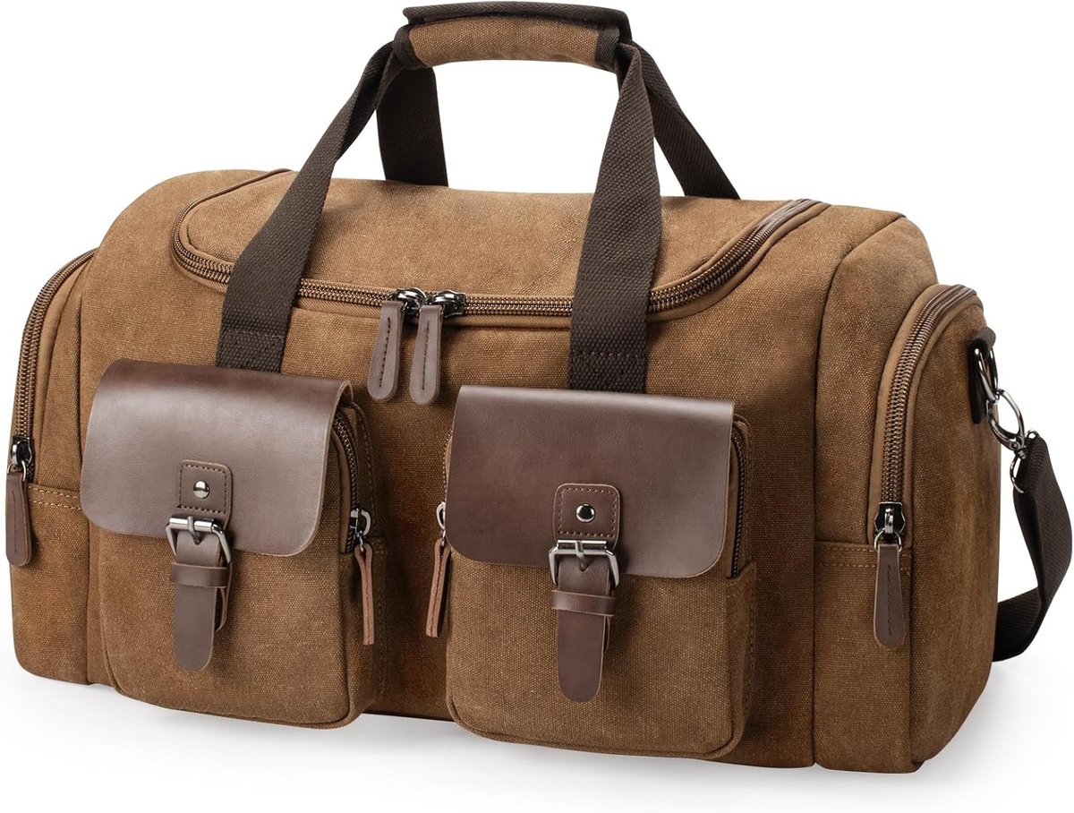SnelShoppen - Vintage Canvas Travel Bag Unisex 35L Weekendtas Sporttas Leren Reisbag Brown voor Camping, Zakenreis, Vliegtuiggebruik, Vrije Tijd