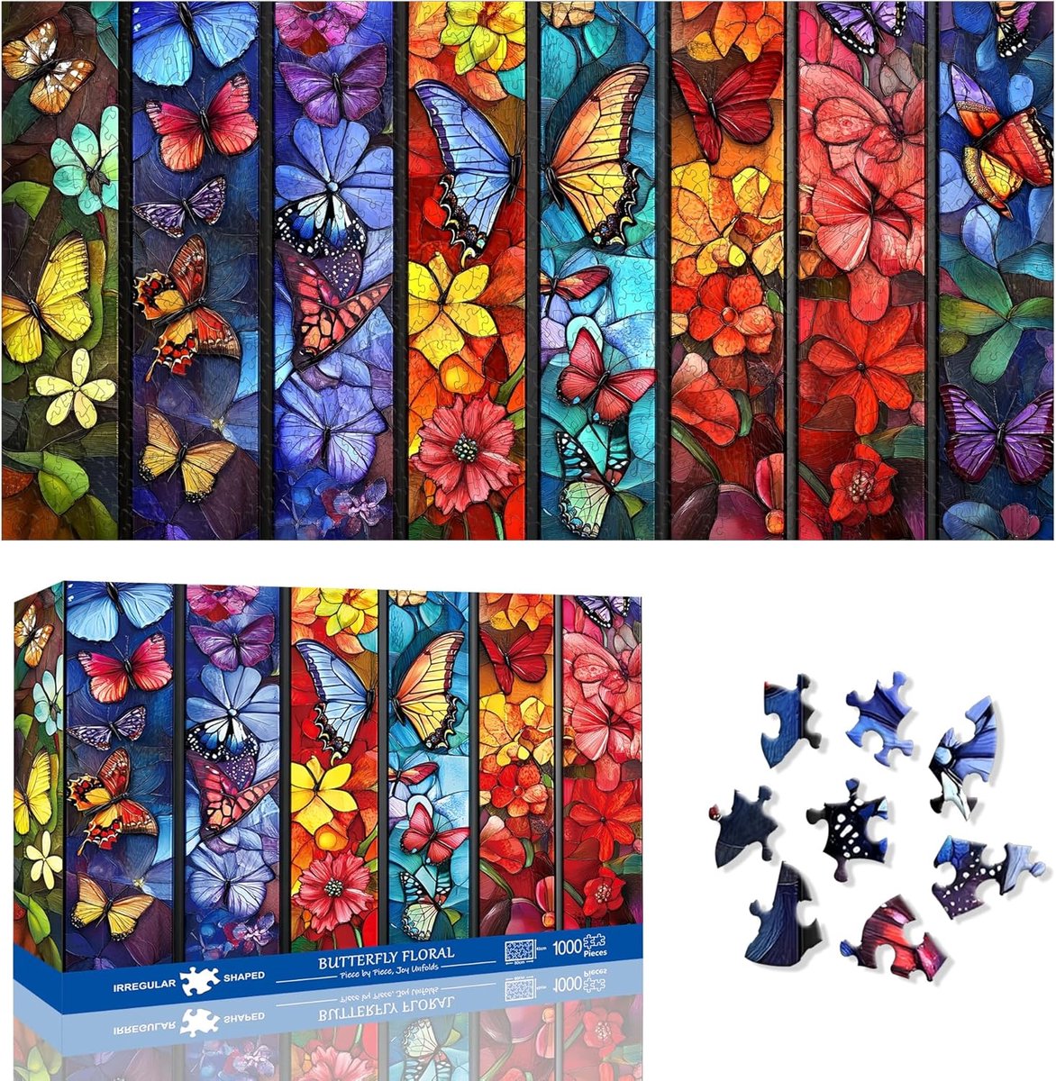 SnelShoppen - Extra Grote Puzzel 1000 Stukjes Volwassenen - Moeilijke Onregelmatige Vormen - Stofvrije Puzzelplank - Bloemenvlinder - Ideaal Cadeau vo