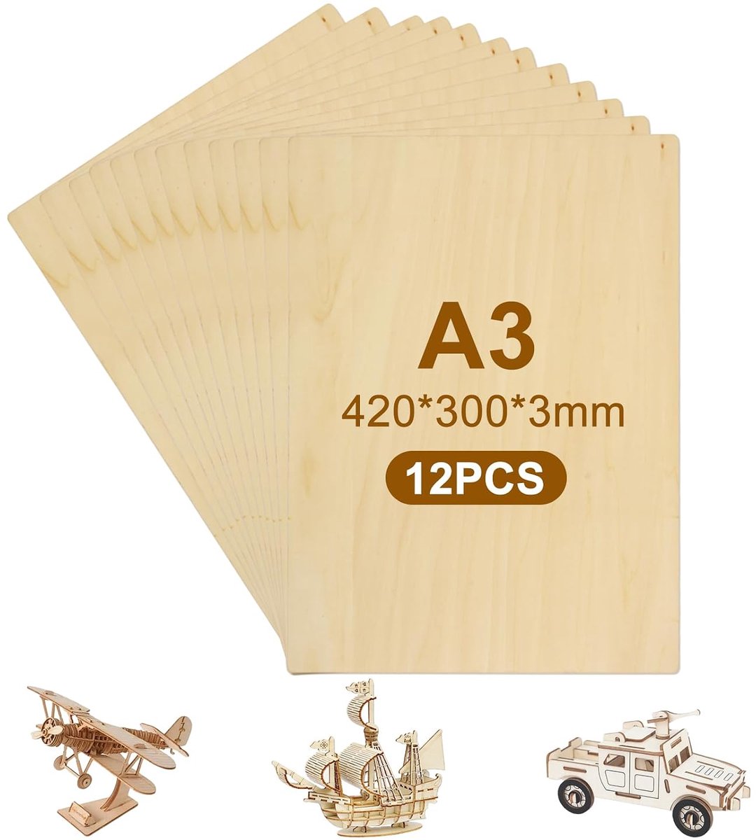 SnelShoppen - Pack van 12 Plywood Plaat 3 mm A3 (420 x 300 mm), Birkenspellet voor Laser en CNC, Ideaal voor Modelbouw, Creatieve Klussen en Ontwerpen