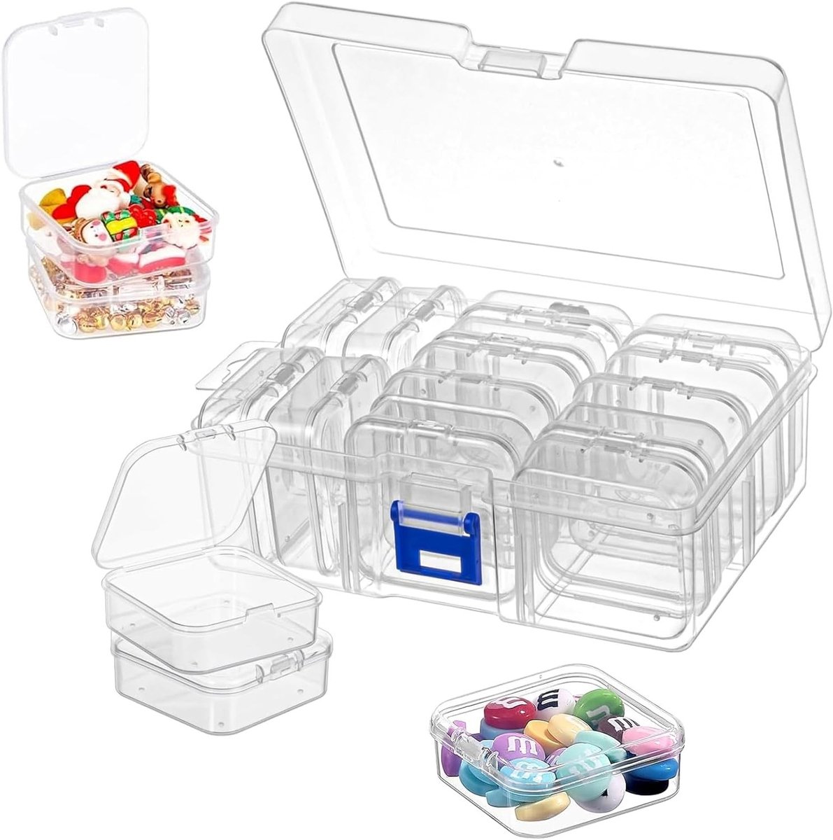 Set van 15 kleine opbergdozen (5,5 x 5,5 x 2 cm) met deksel, transparante mini opbergdozen voor sieraden, schroeven en kleine onderdelen