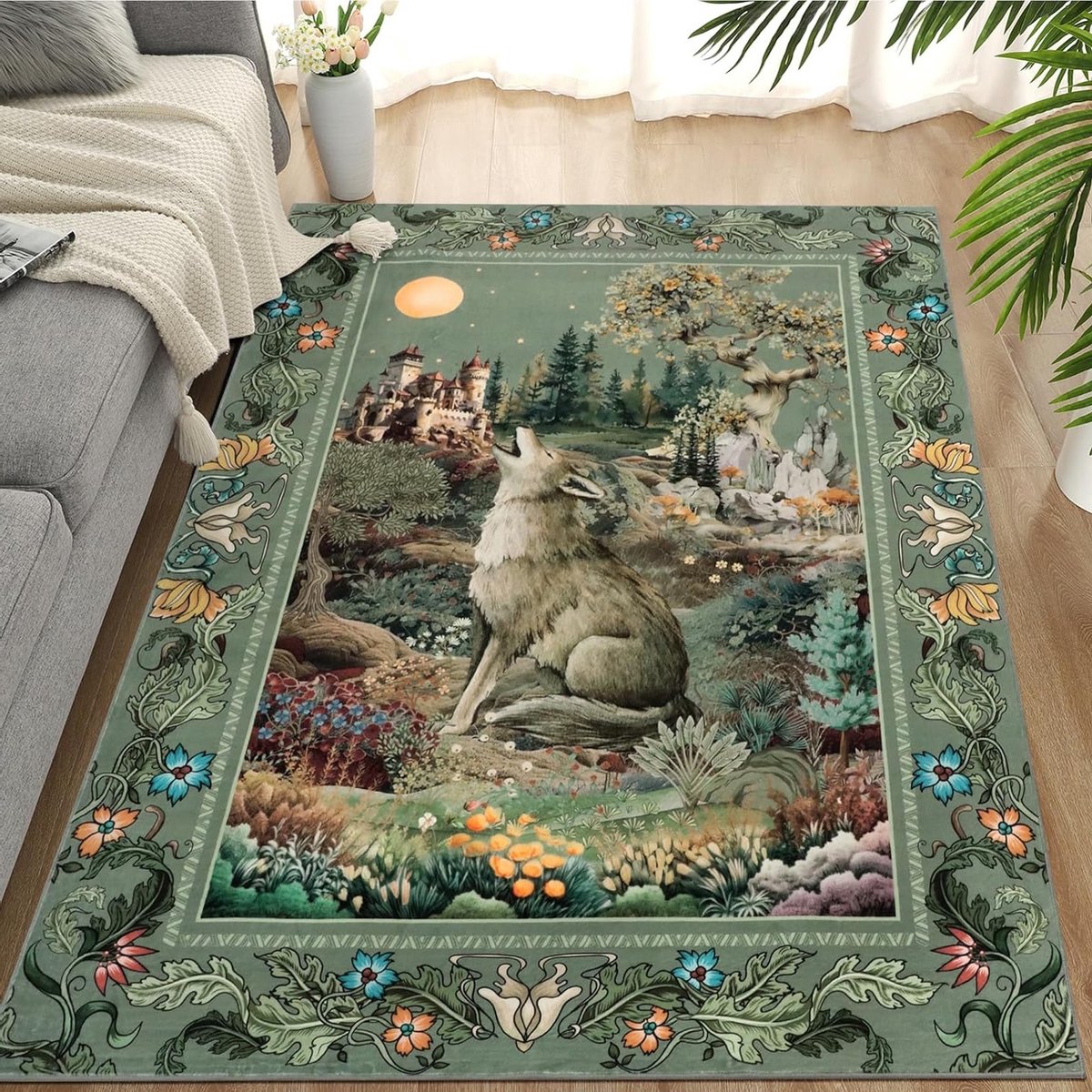 Stijlvol en Antislip Vloerkleed 120 x 180 cm in Groen, Wasbaar, Boho Design voor Woonkamer, Kinderkamer en Kantoor, Dieren Motief, Korte Pool