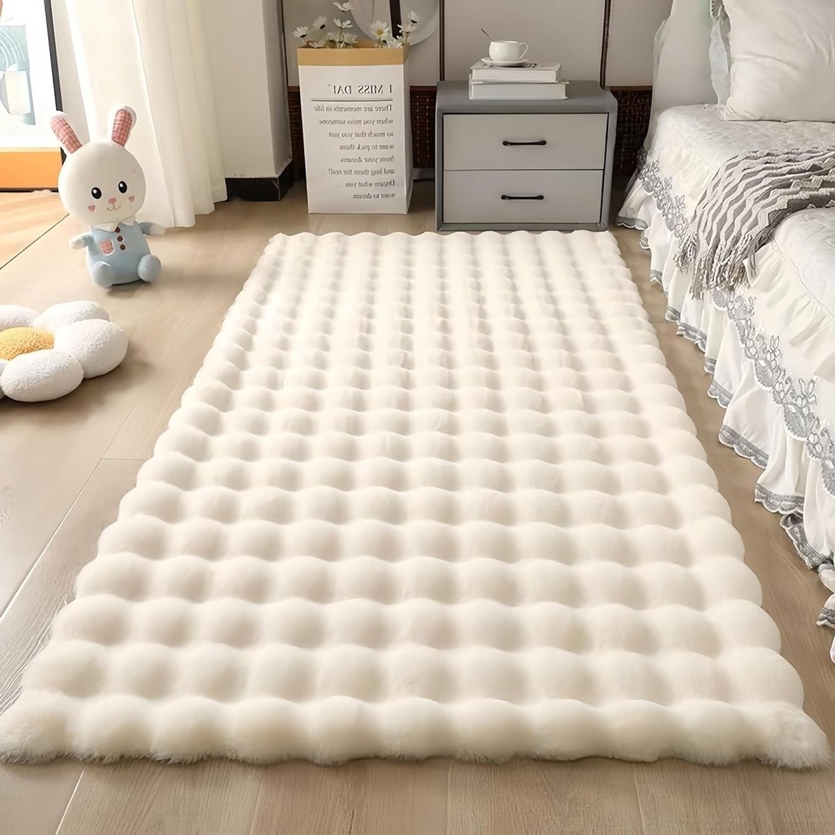Pluche tapijtkussen in romige bubbelfluwelen stijl, ideaal voor woonkamer, slaapkamer en bedden, melkwit 90/150 cm