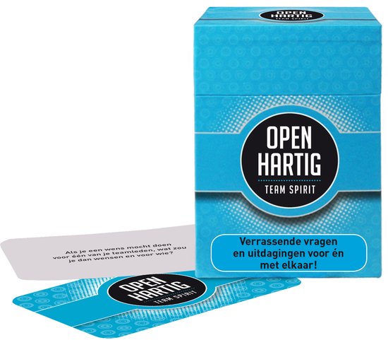 Doos en kaarten voor het spel Open Hartig Team Spirit met blauwe patronen en tekst.