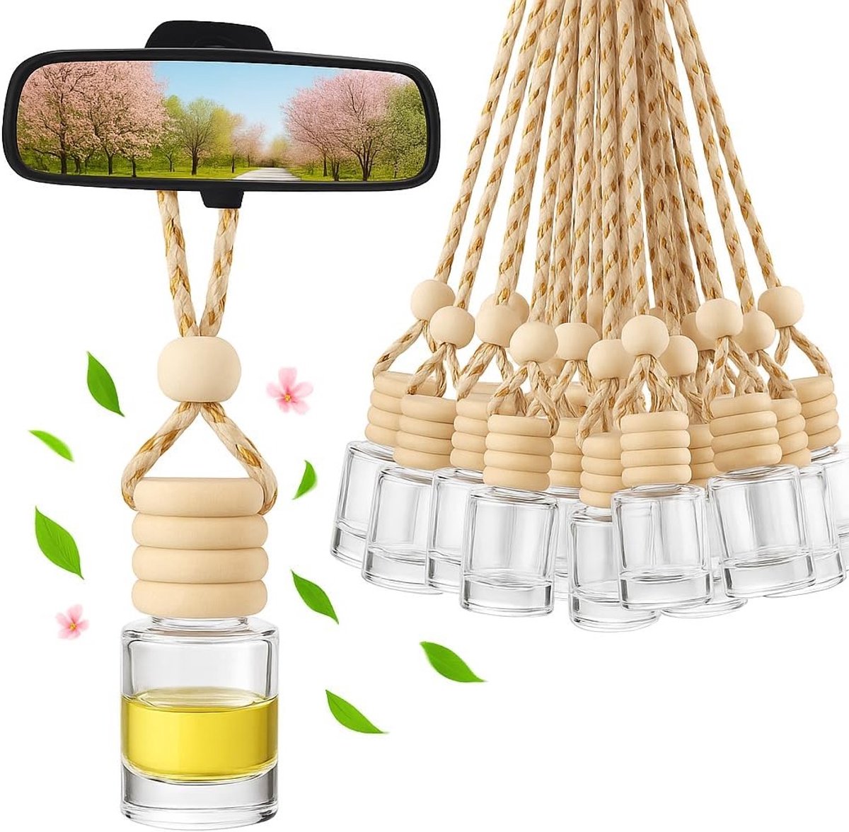 Set van 30 Lege Glazen Flessen voor Autoparfum 10 ml - Navulbare Luchtverfrisser met Houten Deksel voor Aromatherapie en Essentiële Olie Diffuser