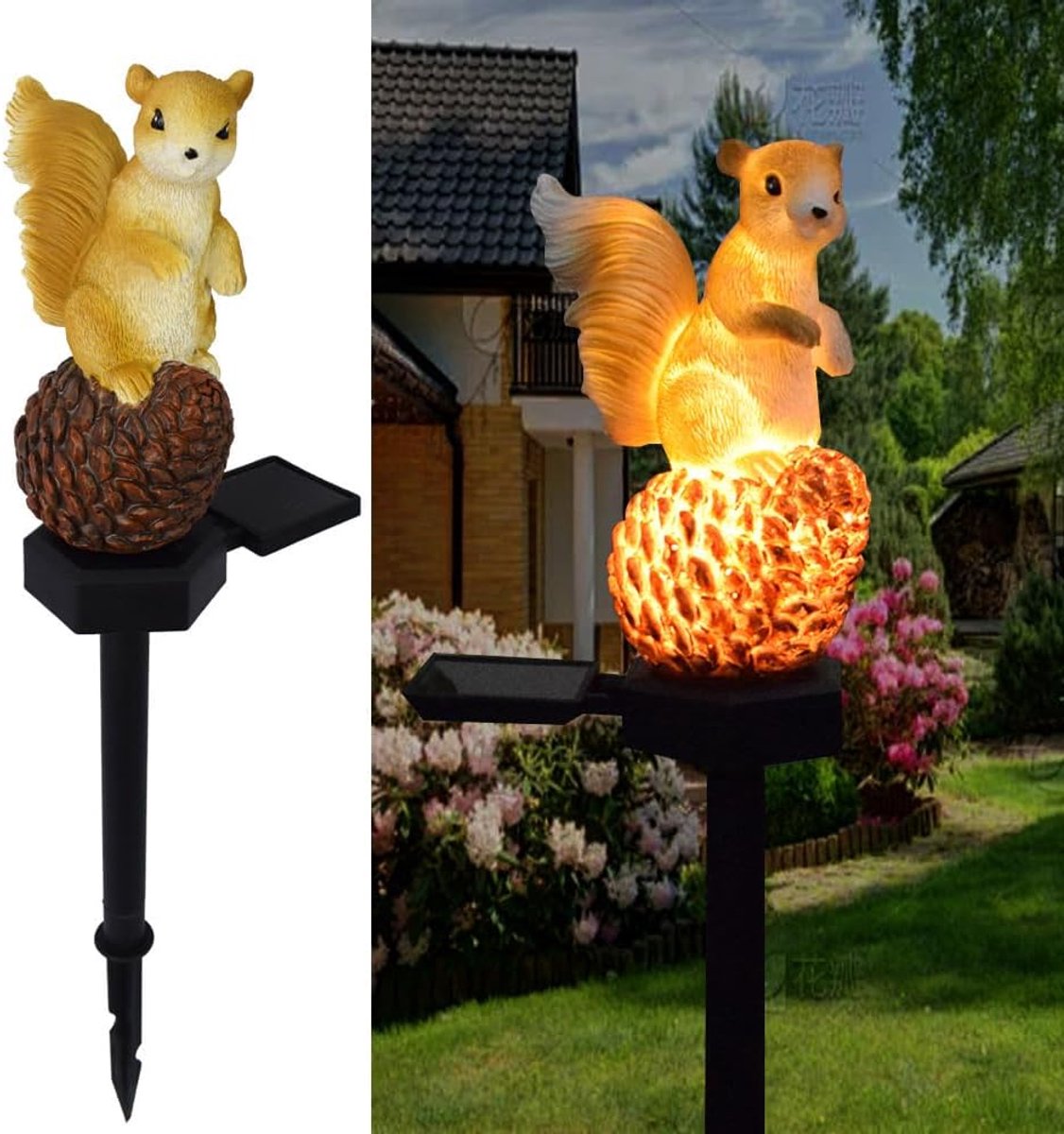 SnelShoppen - Solar Powered Pinecone Squirrel Light, Tuinverlichting Dierfiguur, Waterdichte LED Lamp, Decoratie voor Buiten, Natuurlijke Hars, Dusk t