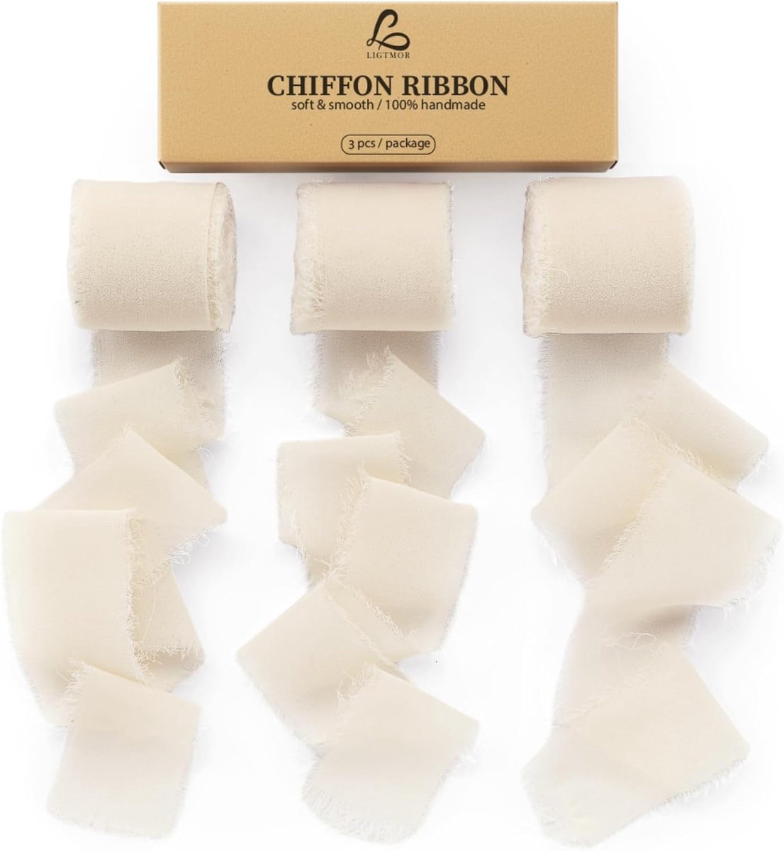 SnelShoppen - Chiffon Zijde Ribbons Set 3 Rollen 3cm x 150m Groen en Crème, 3.5cm x 20m Saliegroen, Handgemaakt Franje voor Bruiloft, Cadeauverpakking