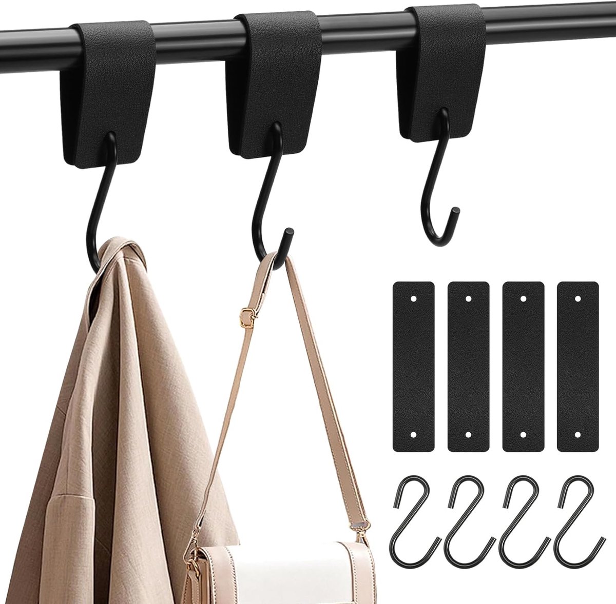 SnelShoppen - 11 Stuks S-Haken Kledingstang Zwart met Lederen Lus - Multifunctioneel voor Keuken en Badkamer - Duurzaam en Sterk - Ideaal voor Gezin e