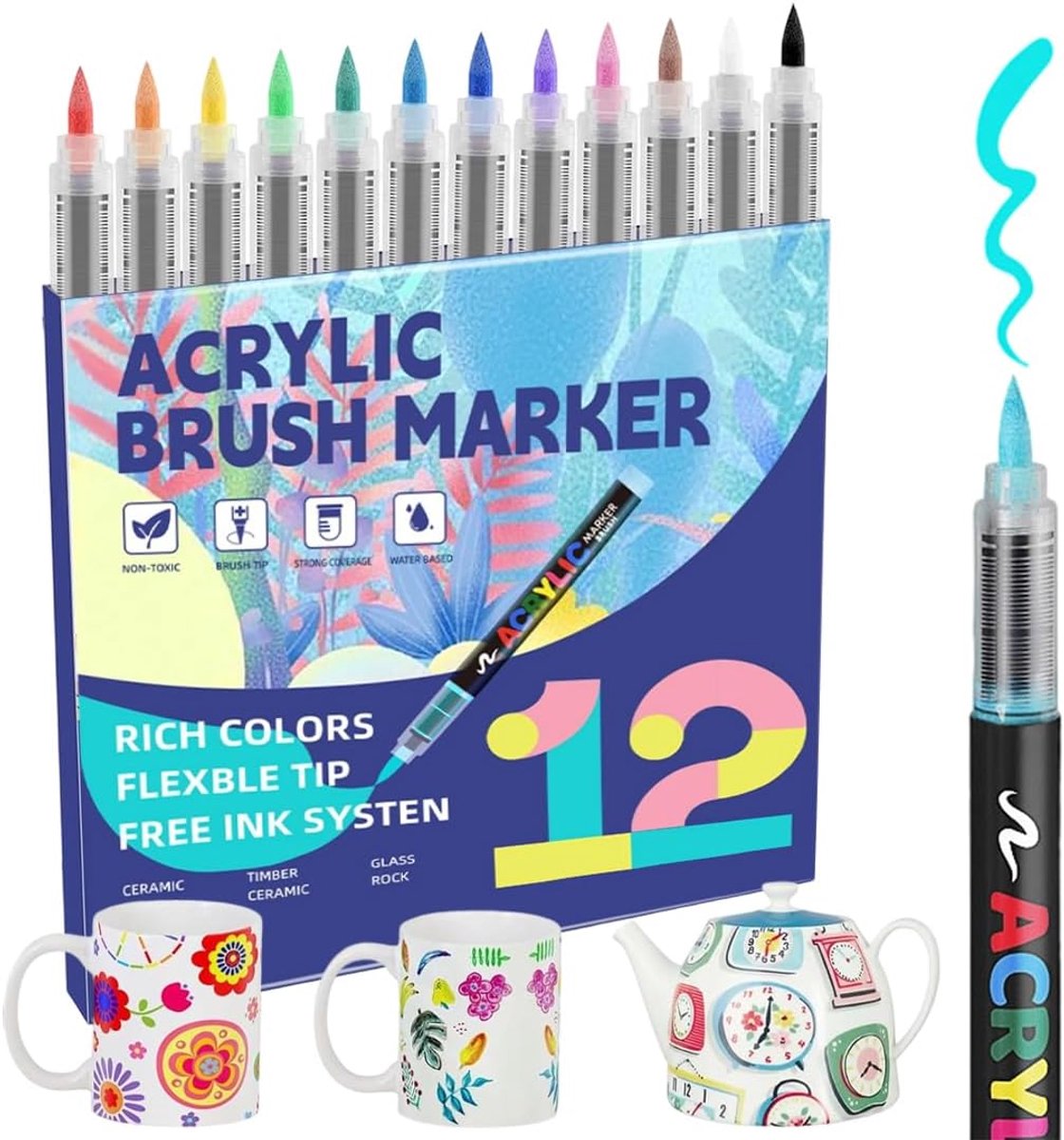 SnelShoppen - 12 Kleurige Porselein Stiften Set - Waterdichte Keramische Verf Markers voor Glazen en Ceramische Oppervlakken - Vaatwasserbestendig en
