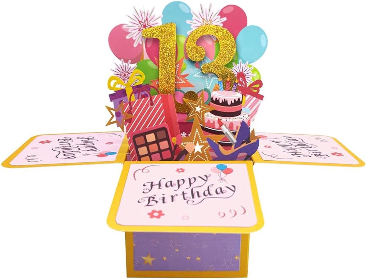 SnelShoppen - Happy 13th Birthday Pop Up Kaart voor Meisjes, 13e Verjaardag Cadeau Idee voor Dochter, Nichte, Grappige 3D Verjaardagskaart met Ballonn