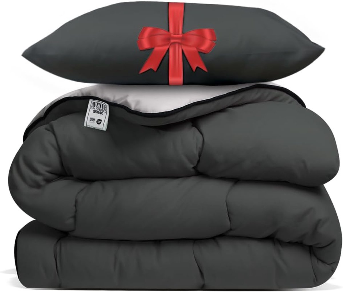 SnelShoppen - Duvet zonder dekbedovertrek 240x220cm Antraciet/Taupe + Kussen 60x70cm - Anti-allergisch & Wasbaar op 60°C - Comfortabel Slaapbundel voo