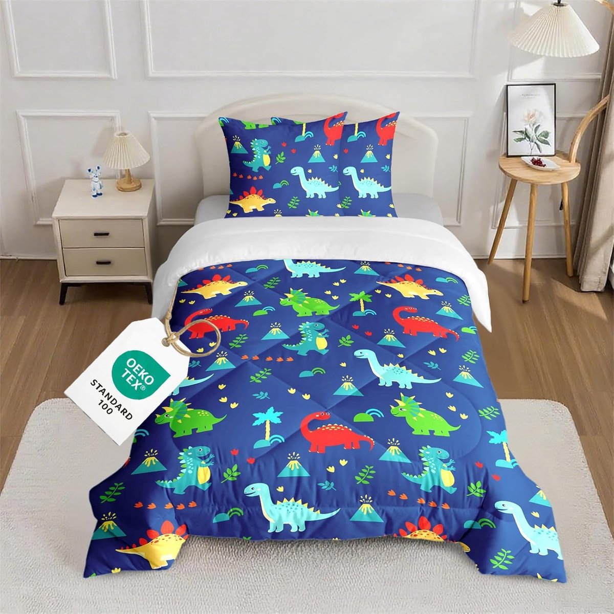 SnelShoppen - Kinder Dekbed 140 x 200 cm Dinosaurus Vier Seizoenen Dekbed voor Jongens met 2 Kussenslopen 65 x 65 cm Zacht Microfiber Dekbedset