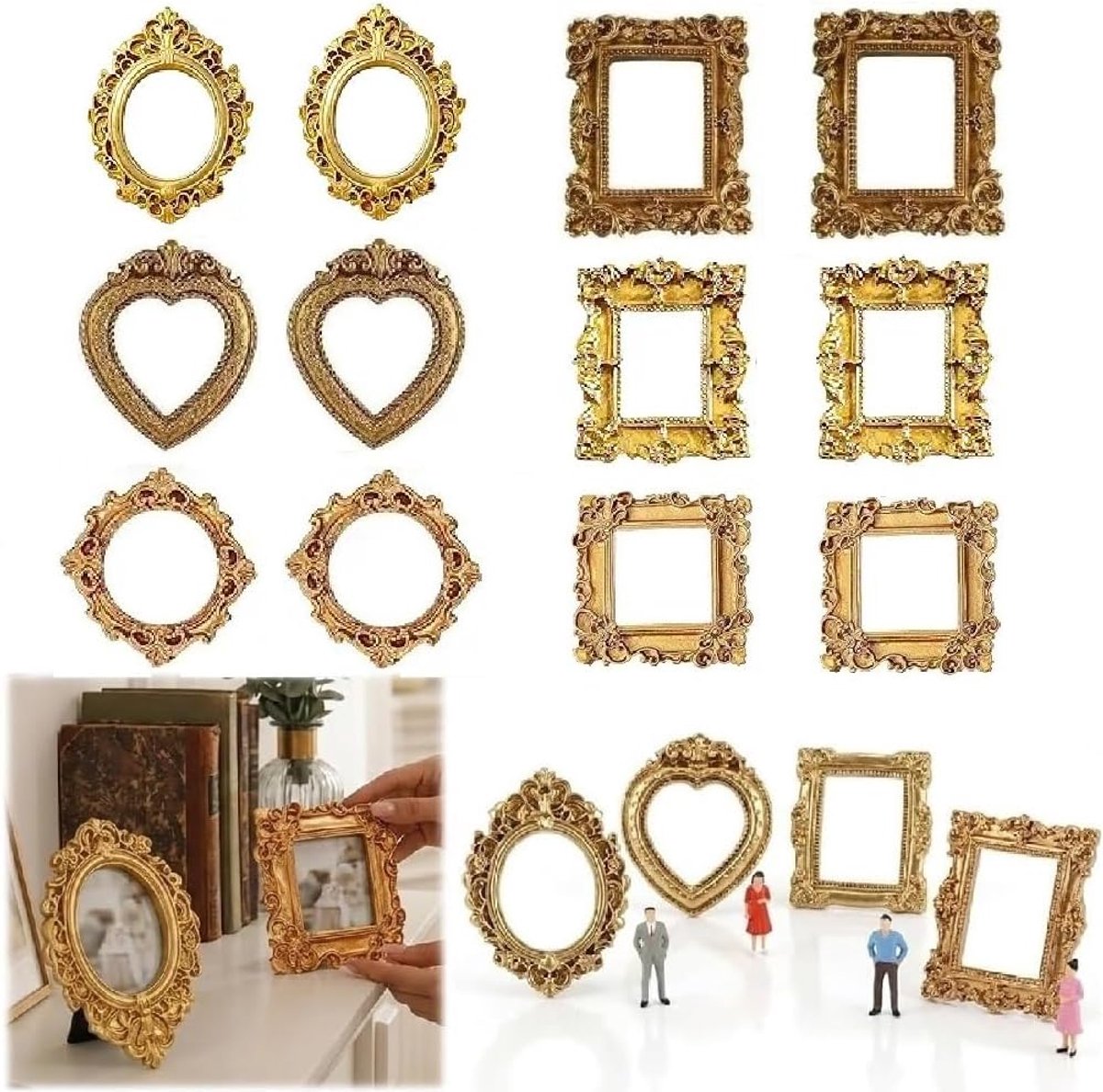 SnelShoppen - 12 Pcs Mini Foto Frames Vintage Miniatuur Fotolijsten Goud Klein Mini Museum Fotokaders voor Unieke Herinneringen Wanddecoratie