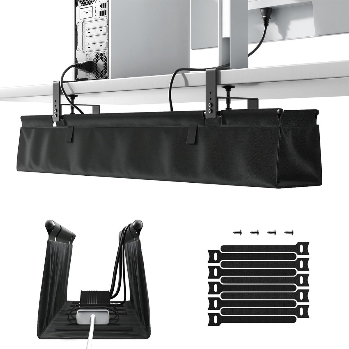 SnelShoppen - Desk Cable Tray zonder Boren, 90cm Kabelmanagement Onder Bureau met Klem/Schoefbevestiging, Stabiele & Waterdichte Kabelorganizer voor T