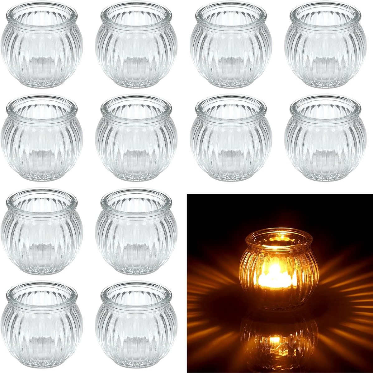 SnelShoppen - 12 Stuks Theelichthouders Glas Pompoen Vorm Decoratie - Klassieke Theelichthouders voor Bruiloften, Feestjes, Kerstdecoratie - Transpara