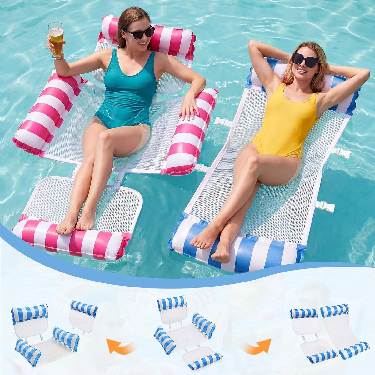 SnelShoppen - 5-in-1 Waterhangmat met Net, Opblaasbare Luchtmatrassen voor Volwassenen, 2 Stuks, Zwembad, Tuin, Reizen, 4 Luchtkamers, Comfortabel en