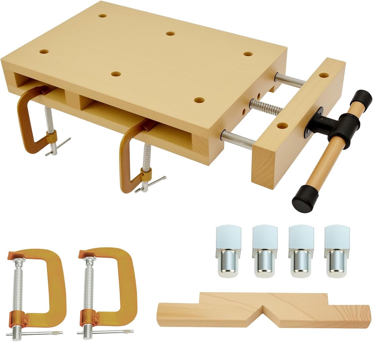 SnelShoppen - Mobiele Schaafbank Hout Werkbank met Bankschroef, Draagbare Houtwerkbank van Beukenhout 46,5x28x7 cm, Inclusief Klemmen voor Snijwerk, S