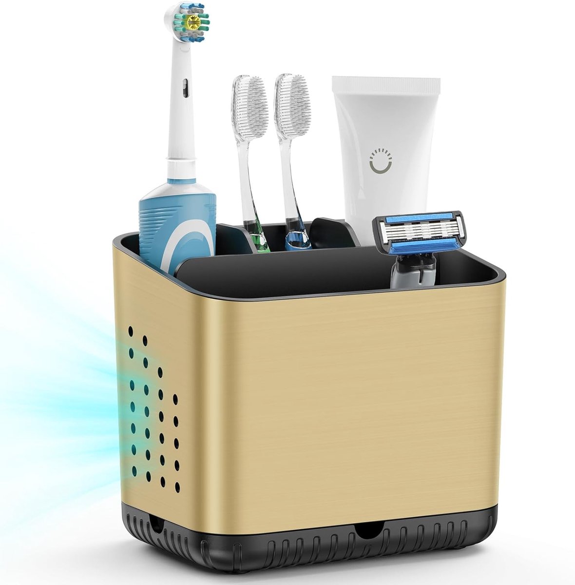 Tandenborstelhouder met afvoer, afneembare tandenborstelhouder in zwart-goud voor badkamer, elektrische tandenborstelorganizer, 4 vakken, tandenborstelorganizer voor familie