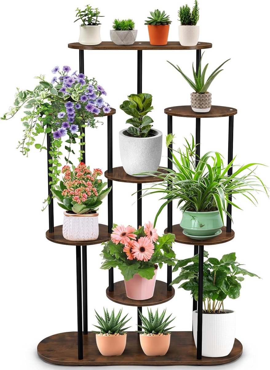 plantenstandaard met 8 niveaus voor kamerplanten, 105 cm hoog, meerlaagse plantenhouder, stabiel ijzeren frame en houten plank, ruimtebesparend plantenrek voor woonkamer, balkon