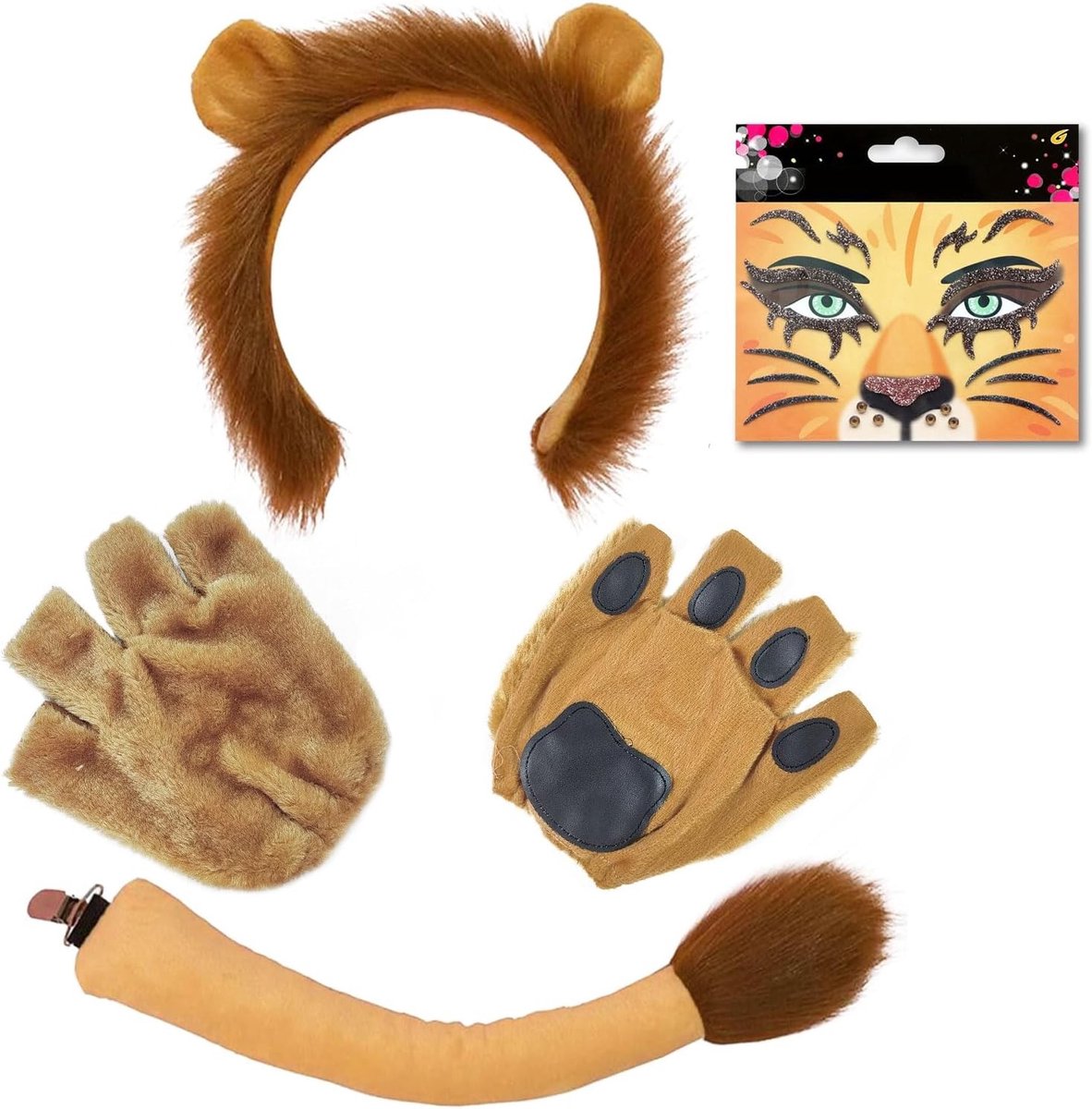 Leuke Leeuwenkostuum Accessoires Set voor Kinderen en Volwassenen met Oren, Hoofdband, Handschoenen, Staart en Gezichtsverf voor Cosplay, Verjaardagsfeest, Toneel en Halloween