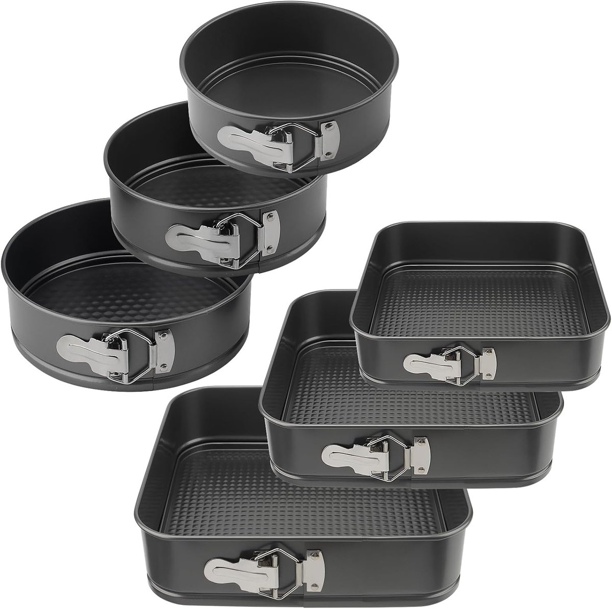 SnelShoppen - 6 Stuks Springvormen Set Rond en Hoekig - 3 Ronde Taartvormen en 3 Vierkante Bakvormen met Hefbodem - Anti-aanbak - Cake Bakvormen 16 cm