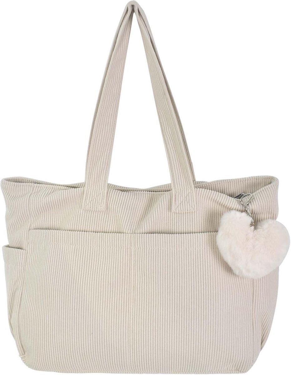 SnelShoppen - Corduroy tas voor dames, schoudertas met ritssluiting, trendy beige corduroy tas met zakvak, ideaal voor werk, kantoor, reizen, winkelen