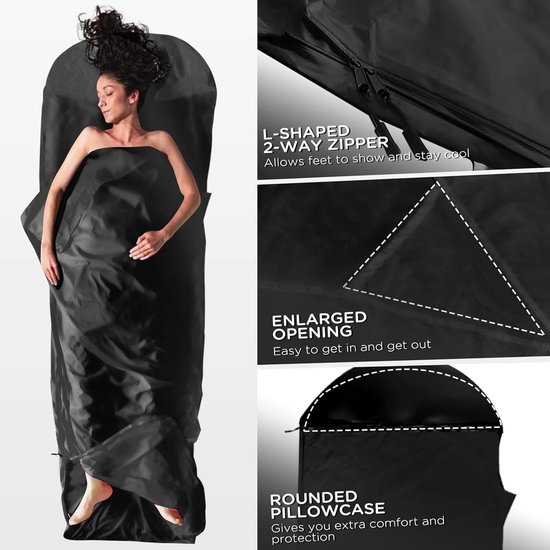 Slaapzak Liner - Reis Laken - Kamperen en Reizen - Ultralicht en Compact - 220 x 80 cm - Zwart — afbeelding 2