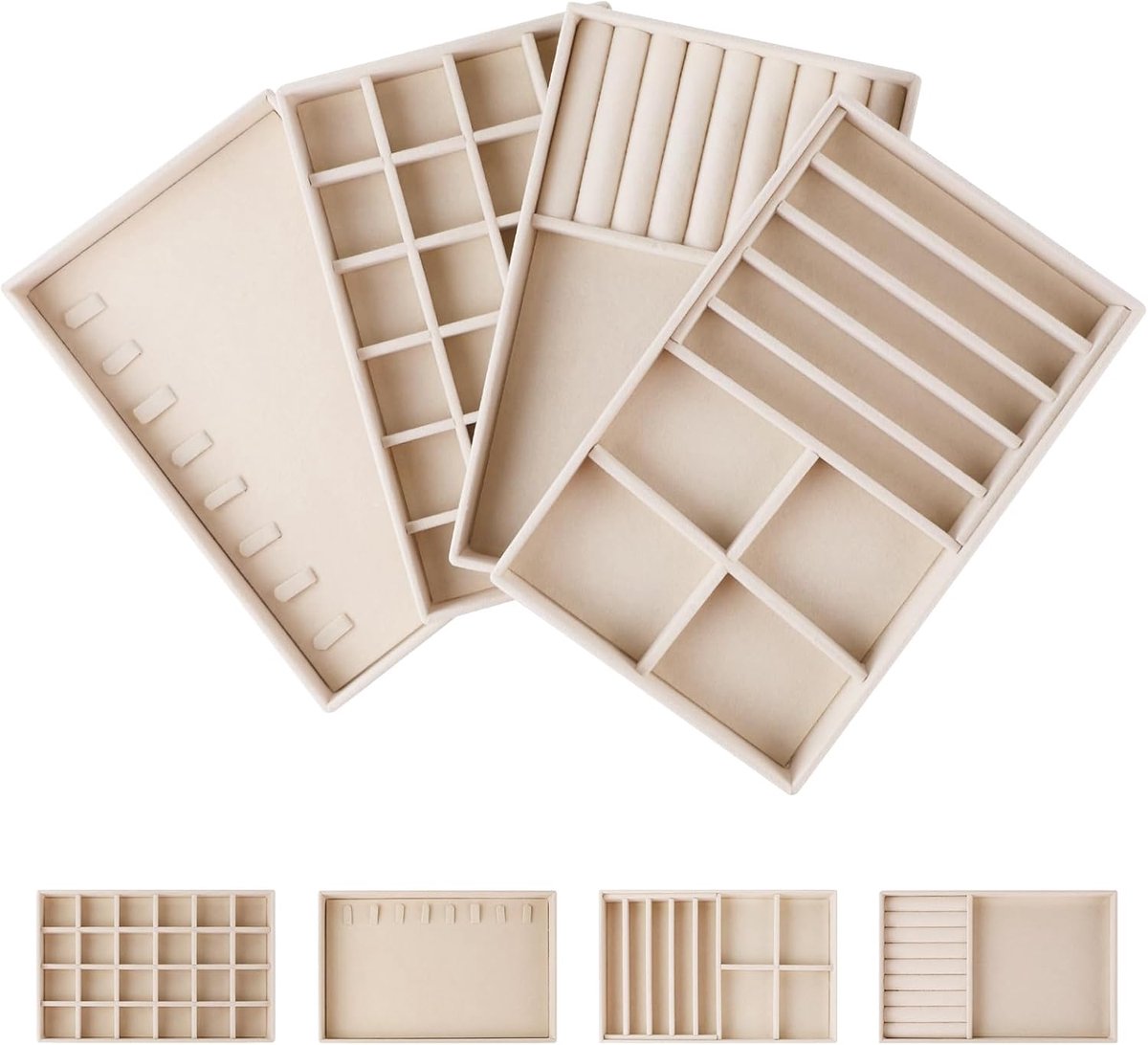 SnelShoppen - Set van 4 grote fluwelen sieradendienbladen, sieradenopslag, opneembare organizer voor ringen, oorbellen, kettingen, broches, lade en ki