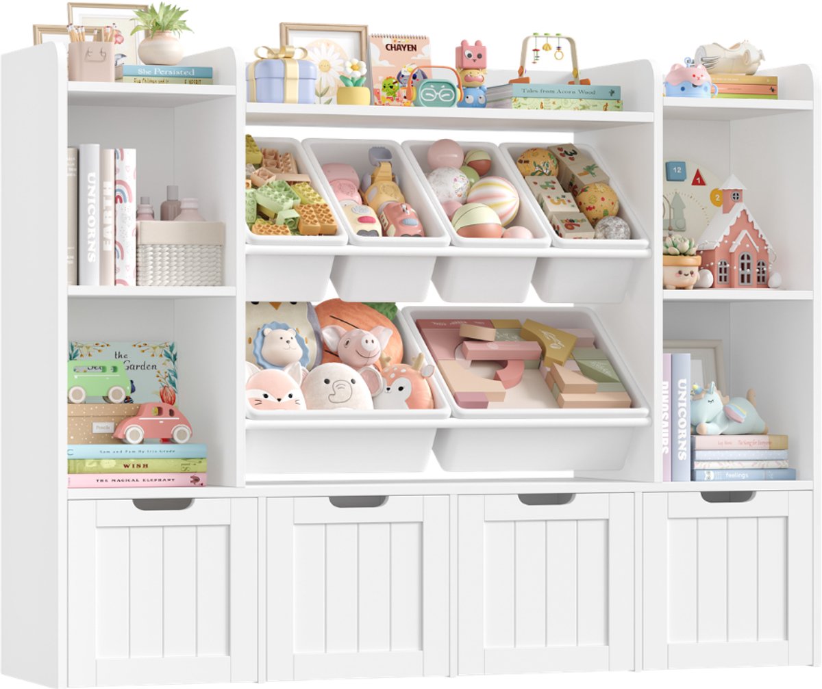 Kinderboekenkast – Voor Kinderkamer of Speelruimte – 7 Compartimenten met 6 Verwijderbare Opbergboxen & 4 Ladewielen – Wit 140x30x106 cm